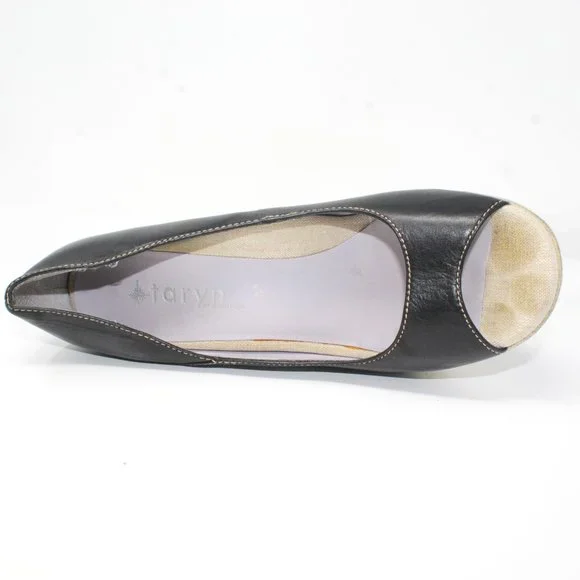 Taryn by Taryn Rose Size 9 Black Leather Linen Platform Wedge Peep Toe Heels - Picture 6 of 11